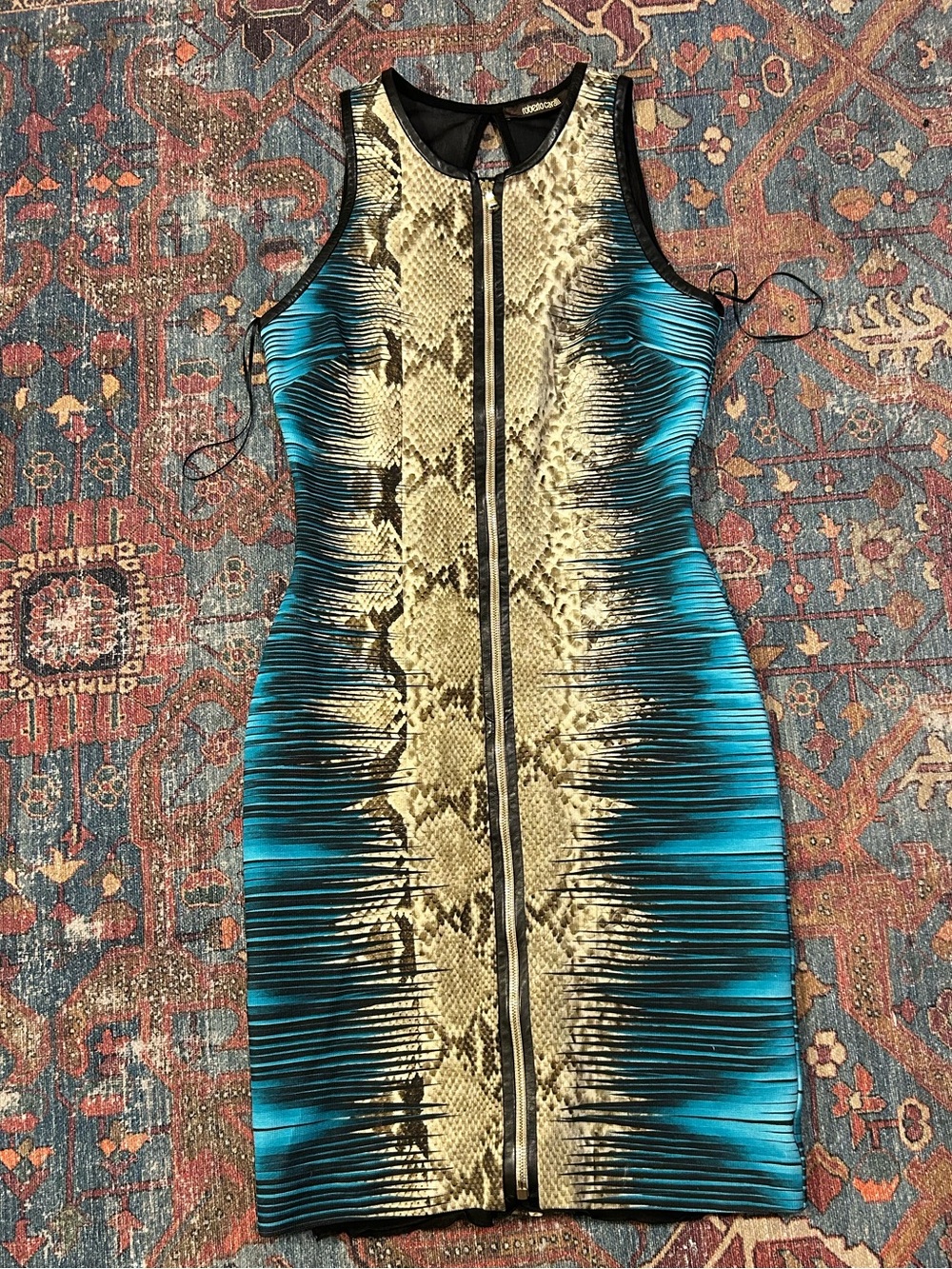 Roberto Cavalli Sleeveless Mini Dress in Blue & Gold Snake Print